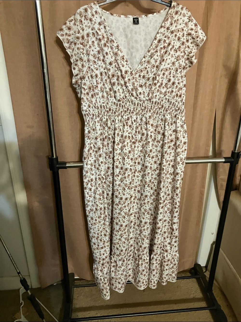 SHEIN White and Brown Floral Midi Dress with Shirred Waist